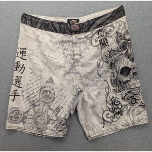 MMA Elite Shorts Mens XL White Gray Skull Graphic Kanji Print Board Fight OE4015